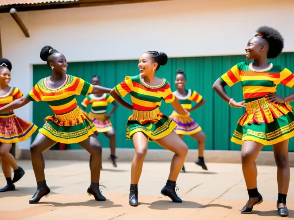 Danza Kpanlogo en Ghana: jóvenes bailarines con trajes tradicionales ejecutan movimientos dinámicos bajo el sol en un patio vibrante