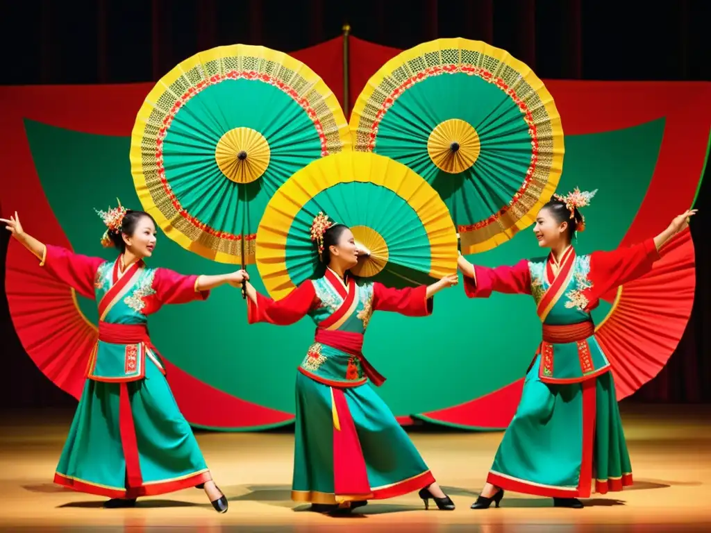 Danza del Leque Taiwanesa tradición: Bailarinas taiwanesas con trajes vibrantes realizan la danza del abanico, creando patrones dinámicos y mesmerizantes con sus abanicos mientras muestran la rica herencia cultural