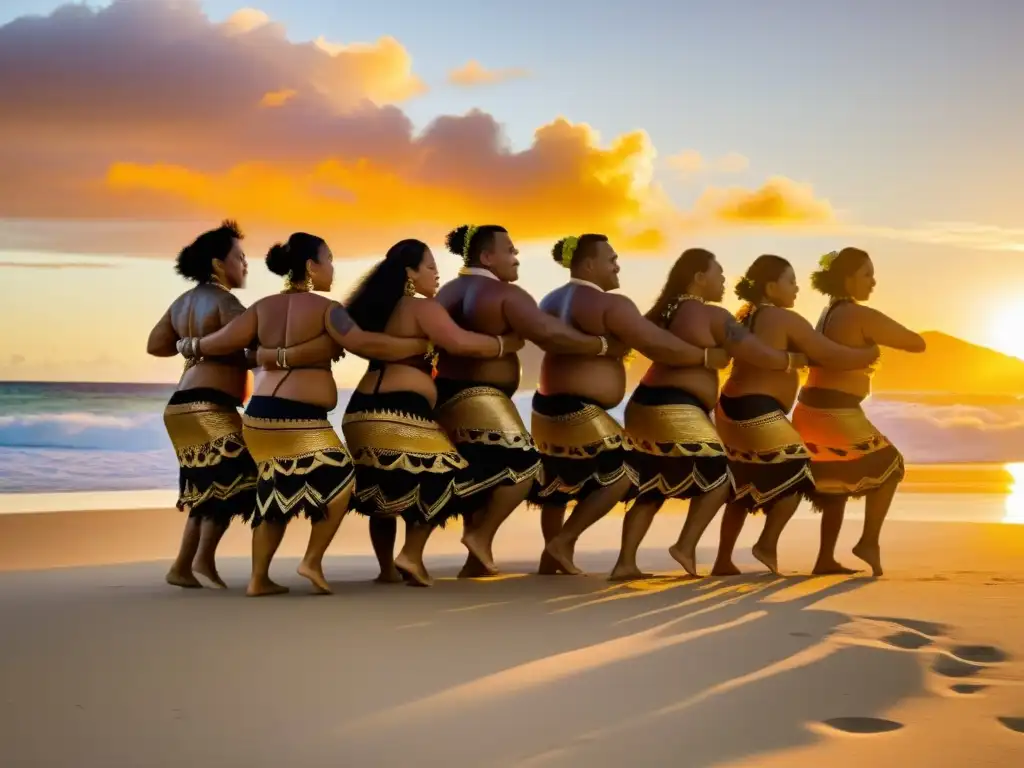 Danza Limalama en Samoa Americana: Grupo de bailarines samoanos ejecutando la danza tradicional al atardecer en la playa, con atuendos vibrantes y tatuajes, en una escena culturalmente rica y visualmente impactante