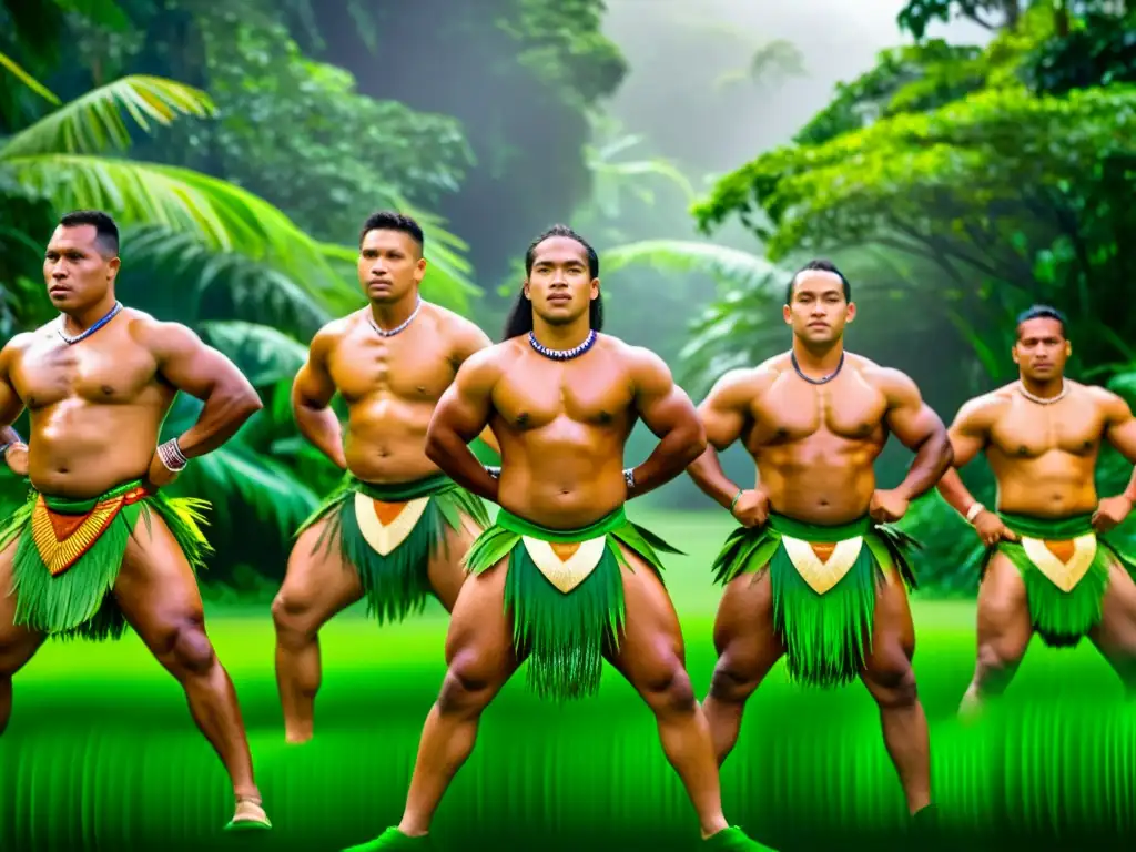 Danza Limalama en Samoa Americana: Bailarines samoanos en atuendos tradicionales ejecutando movimientos inspirados en artes marciales, con el sudor brillando en sus cuerpos mientras danzan en la exuberante selva de Samoa