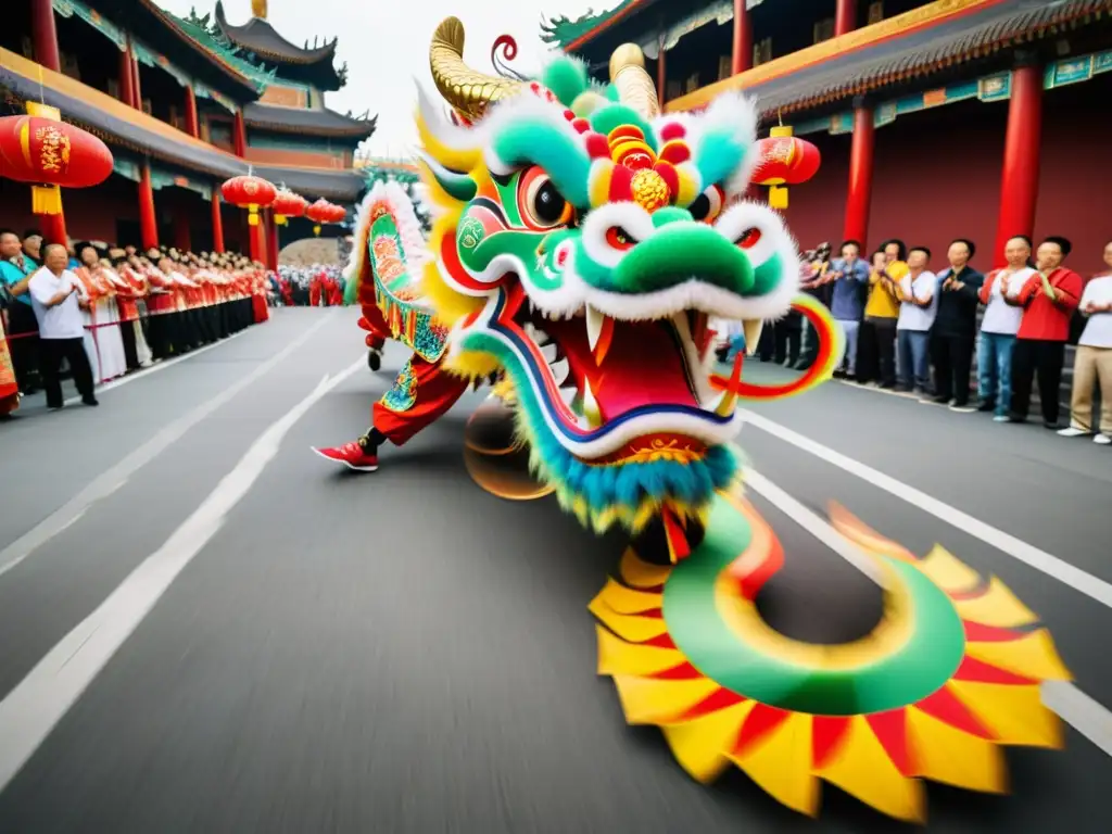 Una danza del dragón llena de energía y significado cultural, con un colorido y vibrante despliegue en las calles