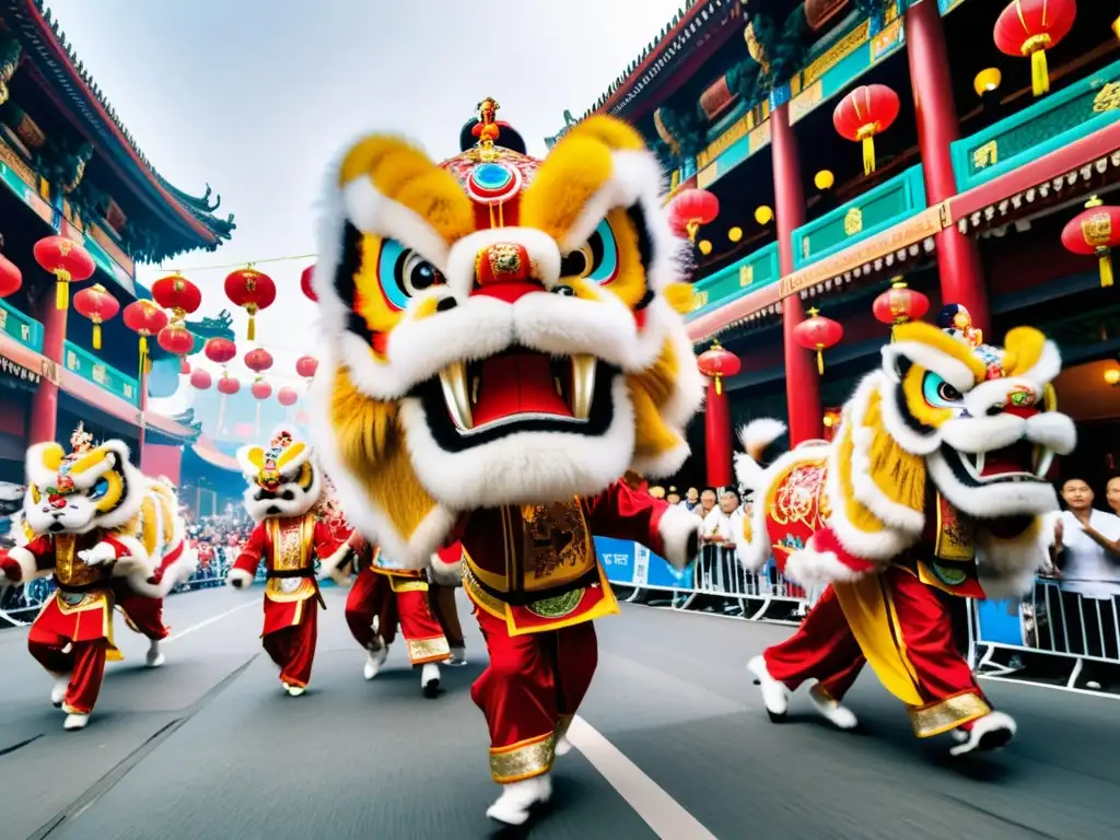 Danza del León Festival de la Luna: Bailarines vibrantes y coloridos leones dan vida a la energía y riqueza cultural de la festividad china