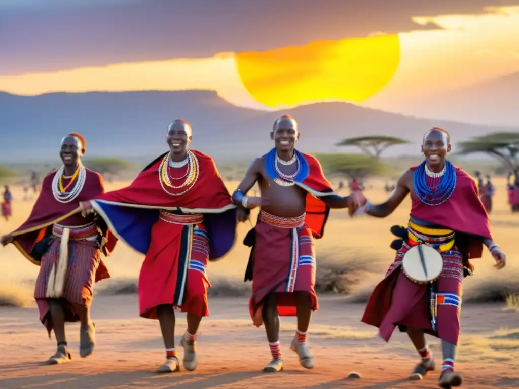 Danza Maasai llena de significado cultural, con vibrantes colores y expresiones intensas en la vasta sabana al atardecer