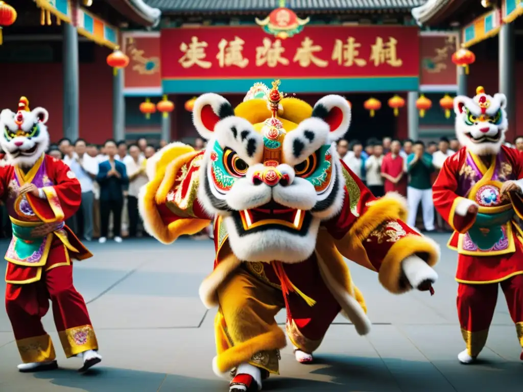 Danza del león en Asia: Majestuosa actuación con un vibrante león y coloridos atuendos durante una celebración cultural asiática