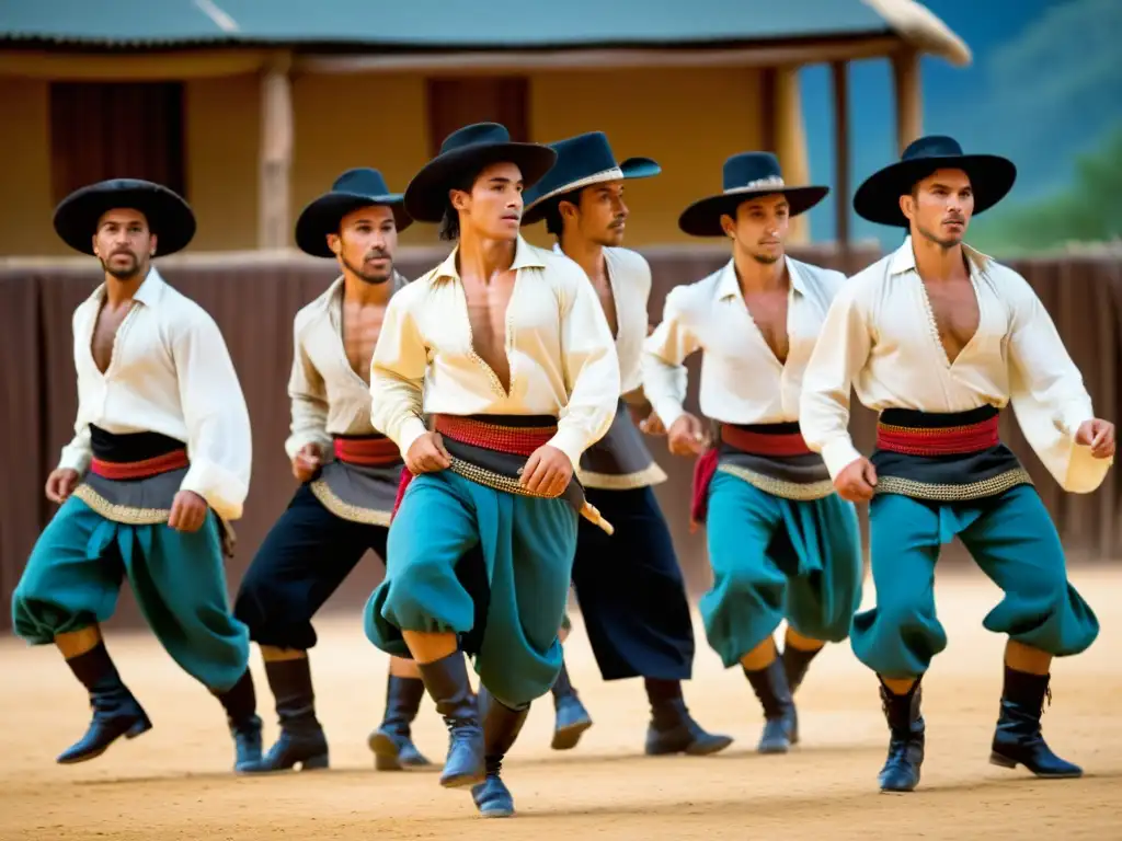 Danza del Malambo argentino: Hombres vestidos de gauchos ejecutan movimientos poderosos con pasión y determinación