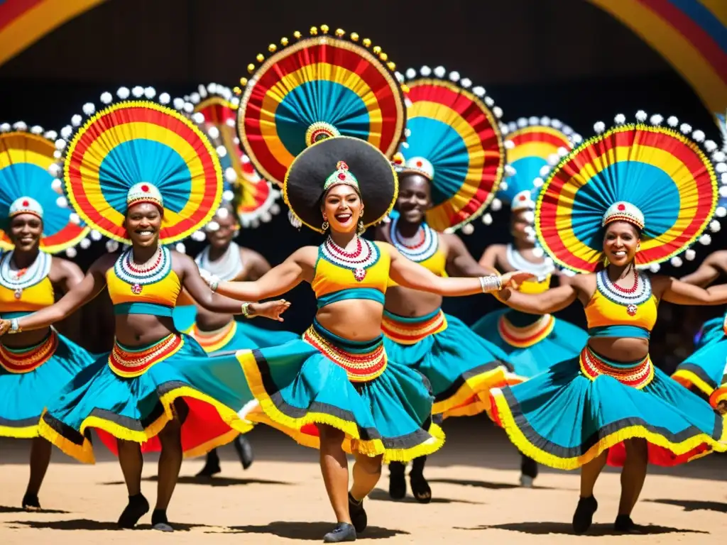 Danza Manjani en la cultura Mandinga: Bailarines vibrantes y coloridos en una danza ceremonial, rodeados de admiradores asombrados