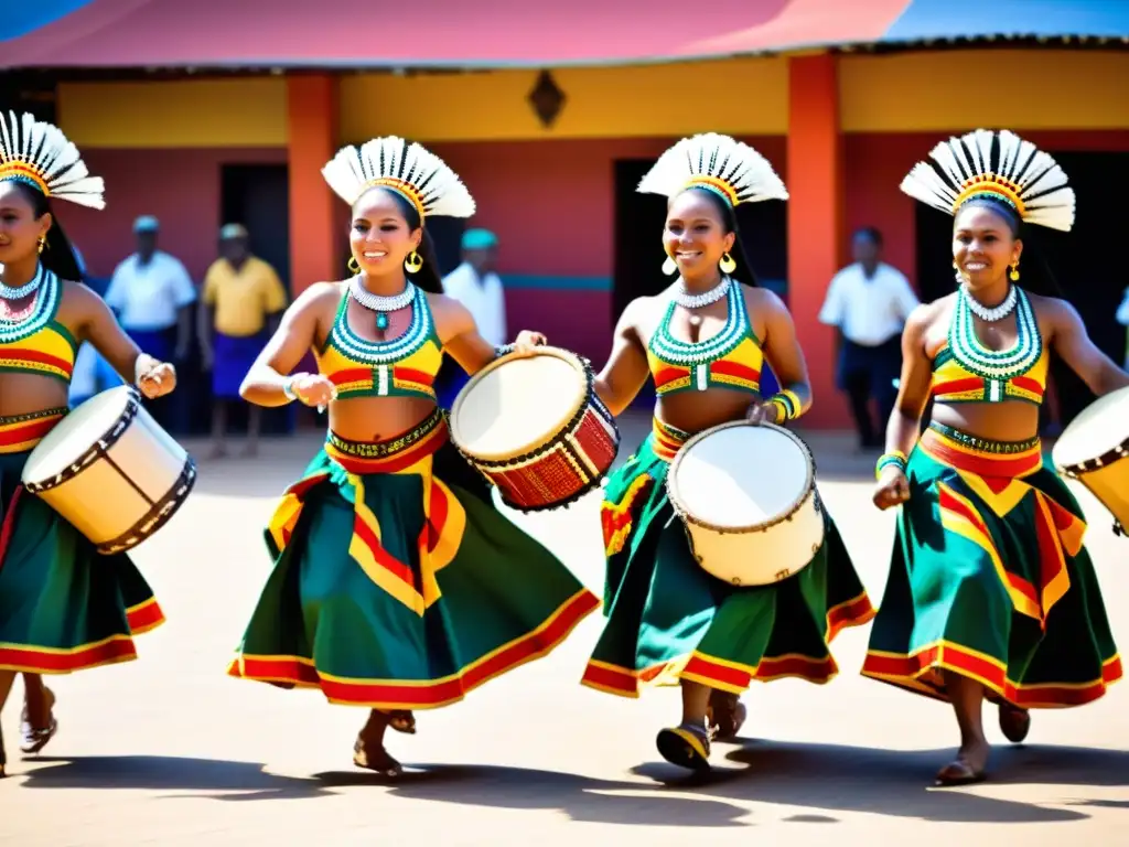 Danza Manjani en la cultura Mandinga: Coloridos bailarines en trajes tradicionales danzan al ritmo de tambores en una vibrante celebración cultural