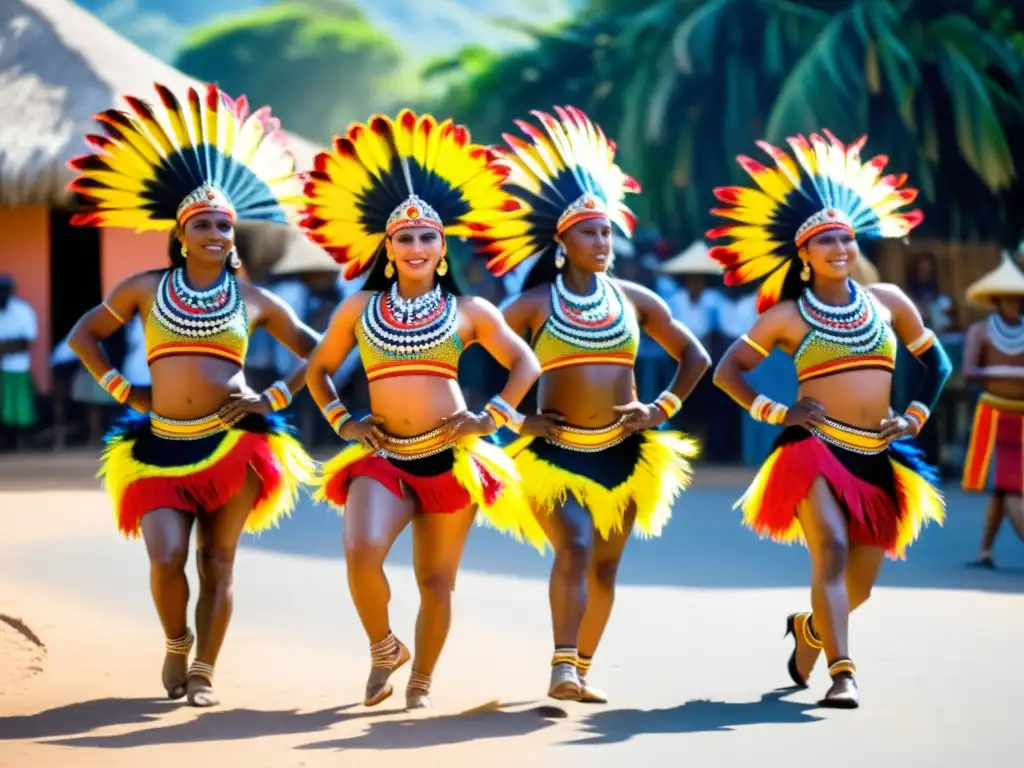 Danza Manjani en la cultura Mandinga: Grupo de bailarines con trajes tradicionales y coloridos, ejecutando la danza con gracia en una plaza bulliciosa