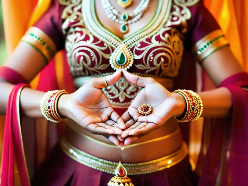 Aprende Bharatanatyam danza clásica India: Detalle de las manos de una bailarina, gestos gráciles y expresión serena, henna y colores vibrantes