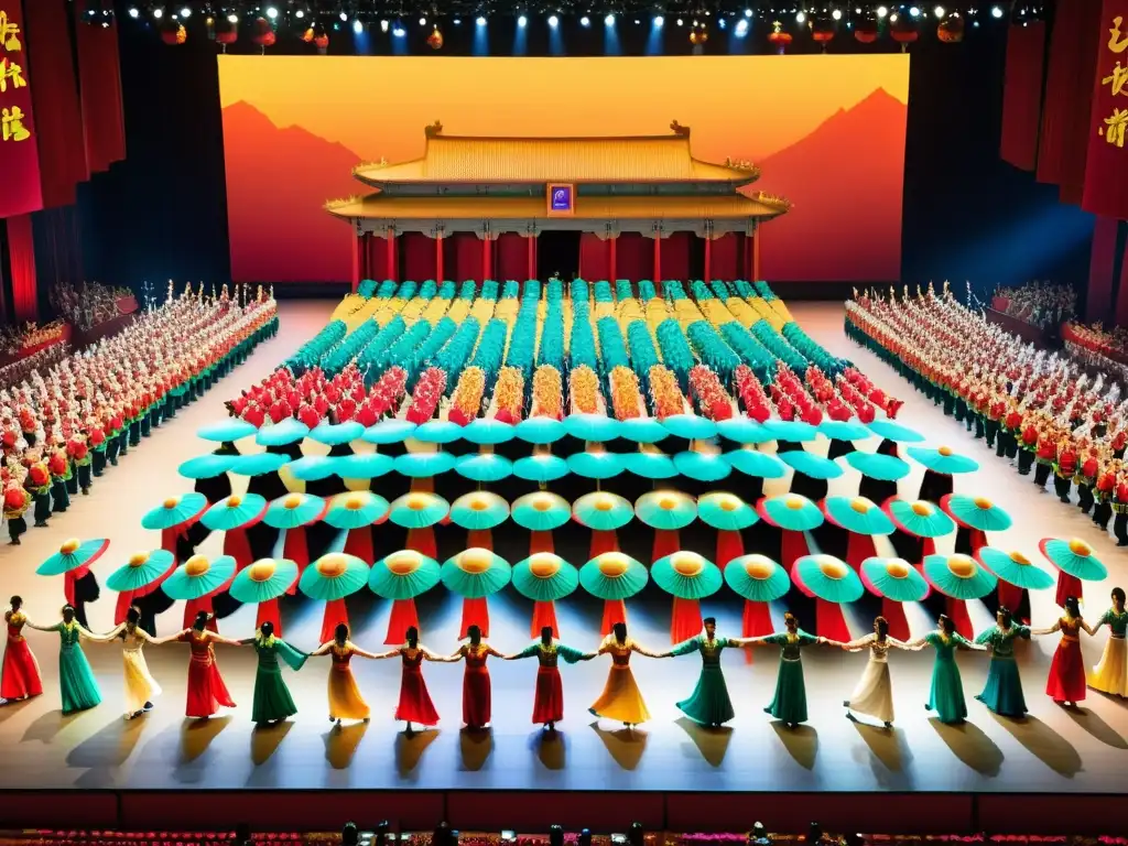 Danza de los Mil Manos China: Espectáculo de 1000 artistas en coloridos trajes chinos, creando impresionantes formas con sus brazos