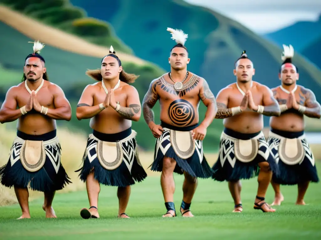 Danza Maorí significado cultural: Grupo de bailarines Maoríes ejecutando un Haka, con tatuajes faciales (moko) y vestimenta tradicional, en un escenario impresionante de Nueva Zelanda