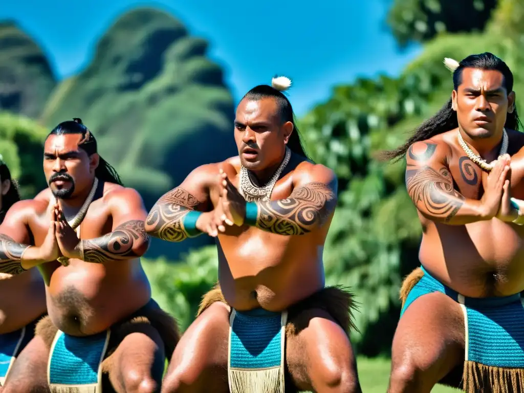 Danza Maorí significado cultural: Intenso haka con expresiones faciales y movimientos dinámicos, rodeados de naturaleza exuberante y tallas maoríes