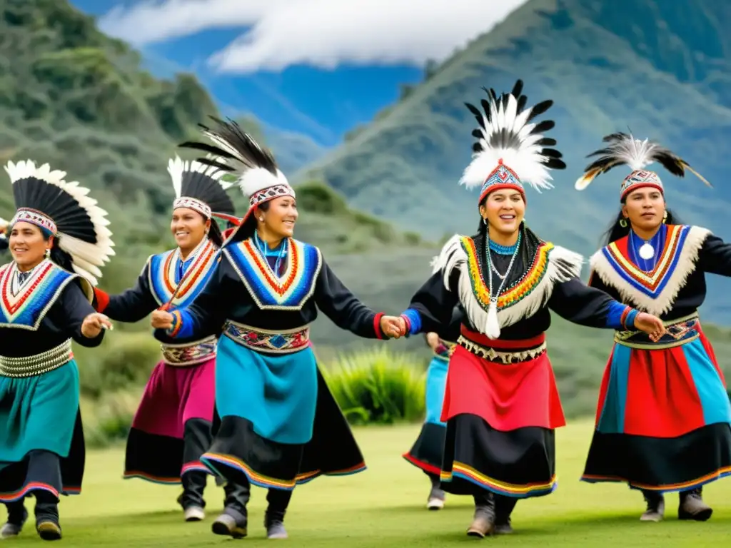 Danza Mapuche significado cultural: Grupo de bailarines Mapuche con trajes tradicionales, danzando en la naturaleza entre montañas nevadas