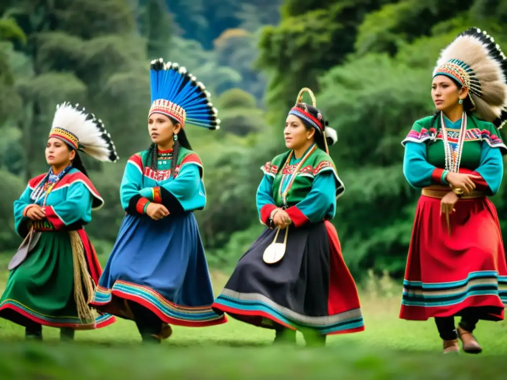 Danza Mapuche significado cultural: Grupo de bailarines con trajes coloridos y tocados elaborados, danzando en el bosque