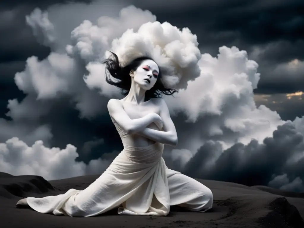 Danza butoh y moda japonesa: Fotografía en blanco y negro de un bailarín butoh en pose contorsionada, rodeado de nubes de tela blanca