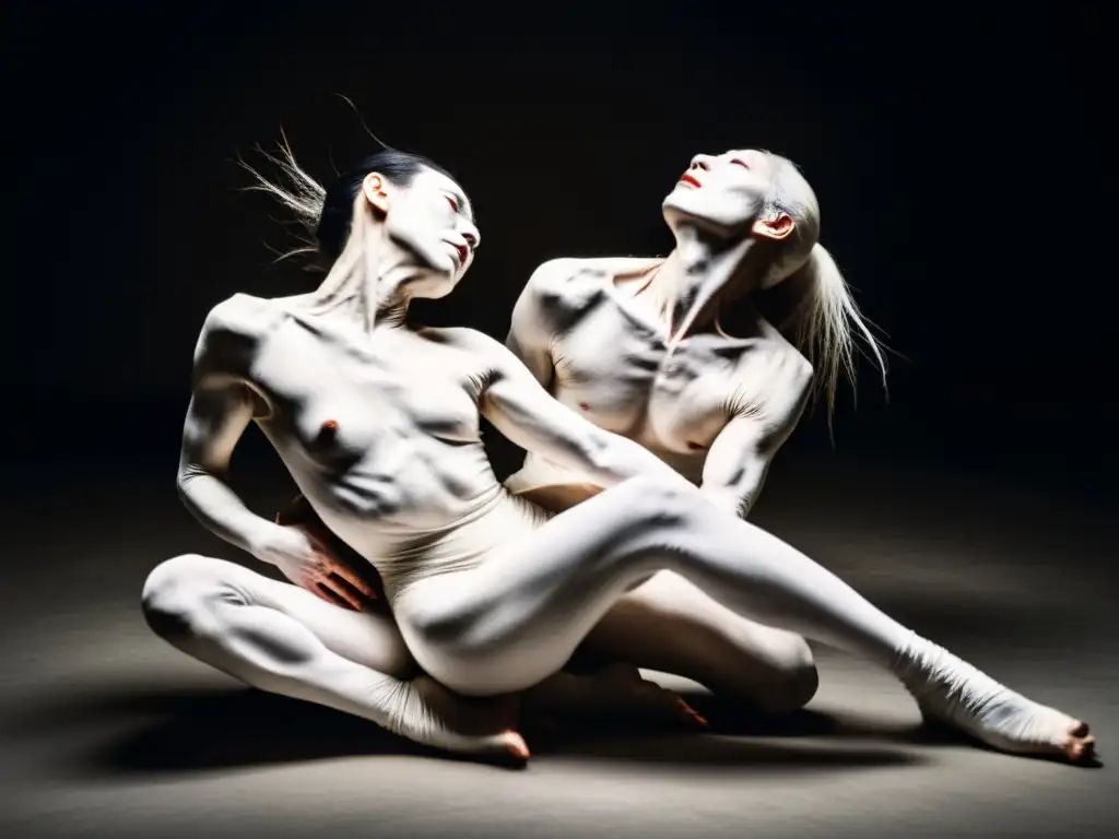 Danza butoh y moda japonesa: Grupo de bailarines contorsionándose en un estudio oscuro con cuerpos pintados de blanco, expresando emoción cruda