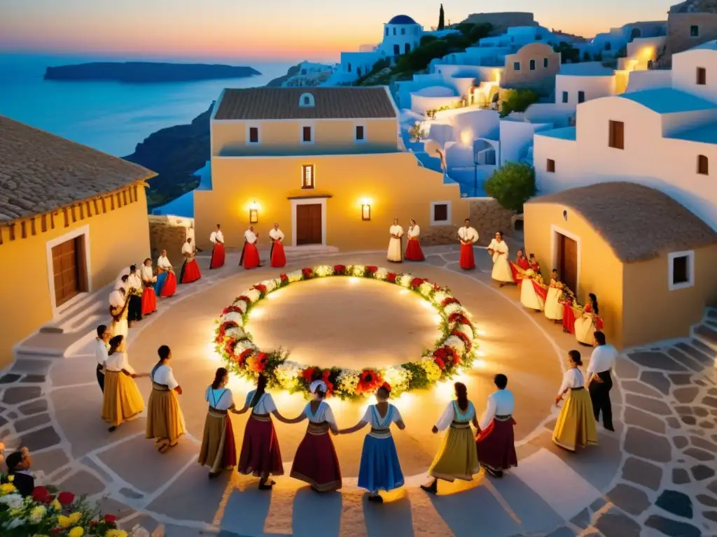 Una danza narrativa de significado cultural, con bailarines grecorromanos en trajes vibrantes en una plaza rústica al atardecer