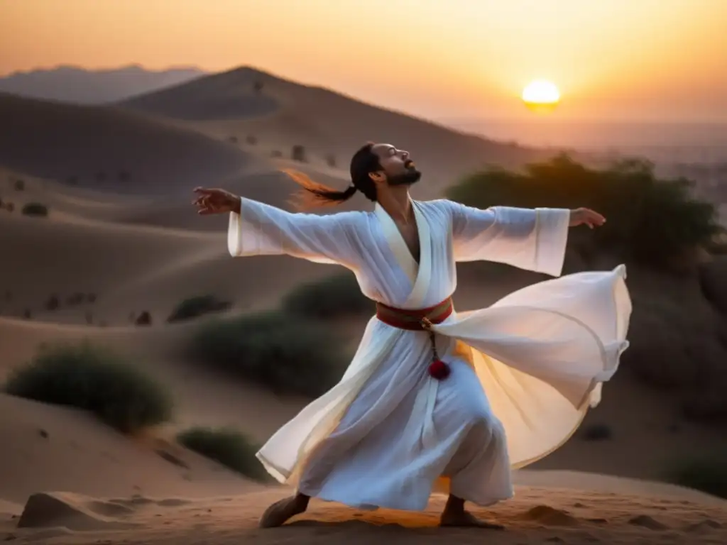 Danza sufí ney: el bailarín gira con gracia en su túnica blanca, bañado por la cálida luz del atardecer, transmitiendo espiritualidad