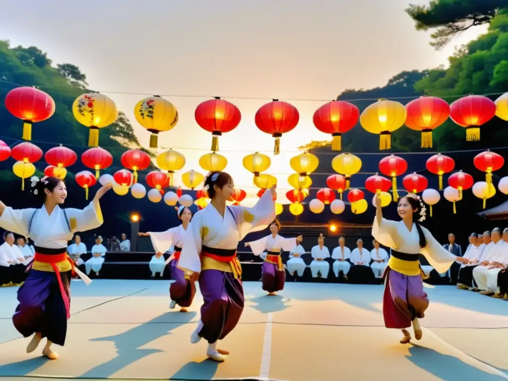 Danza tradicional Bon Odori: gracia y significado cultural japonés en un ambiente festivo al aire libre con elegantes bailarines y coloridas linternas