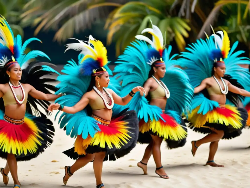 Danza del pájaro de Nueva Caledonia: Grupo de bailarines indígenas en trajes de plumas, danzando en medio de exuberante vegetación tropical