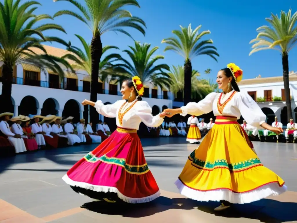 Danza del Palo en Islas Canarias: Bailarines tradicionales Canarios dan vida a la cultura en plaza soleada, entre palmeras y edificios coloridos