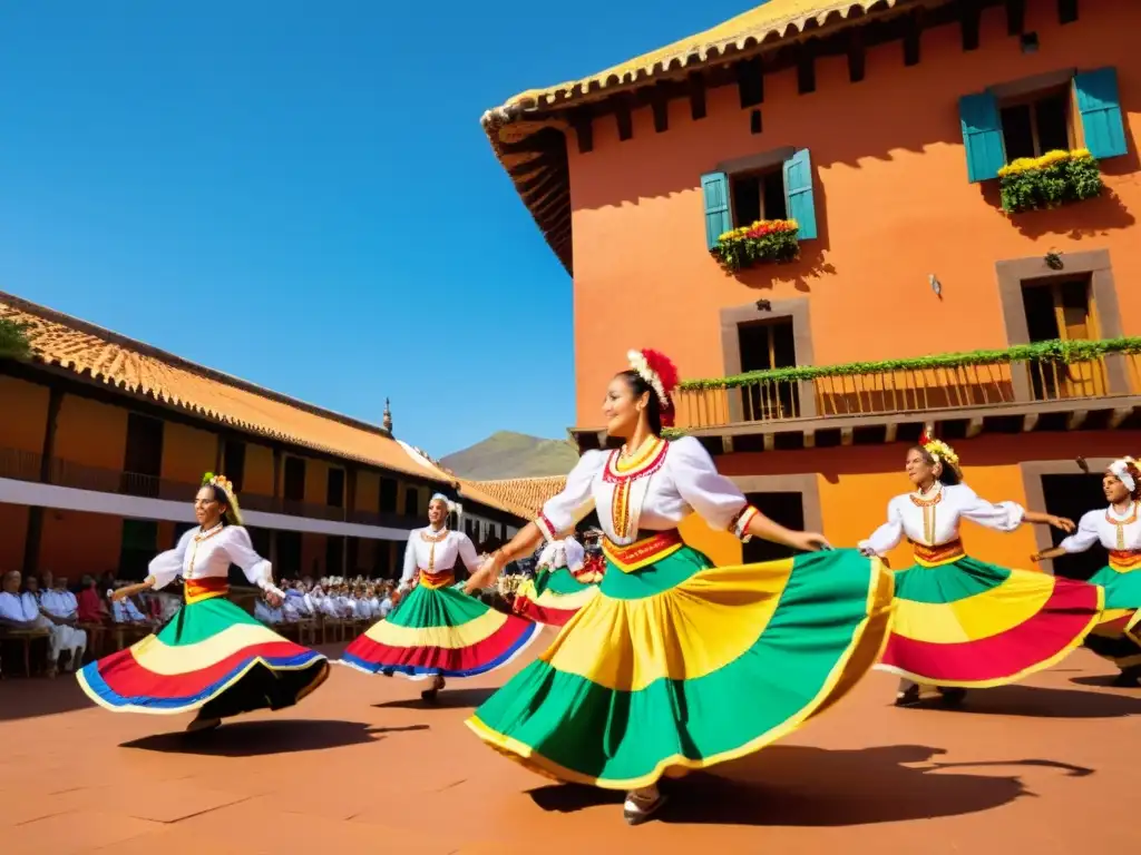 Danza del Palo en Islas Canarias: grupo de bailarines tradicionales con trajes coloridos realizando la danza en una plaza soleada