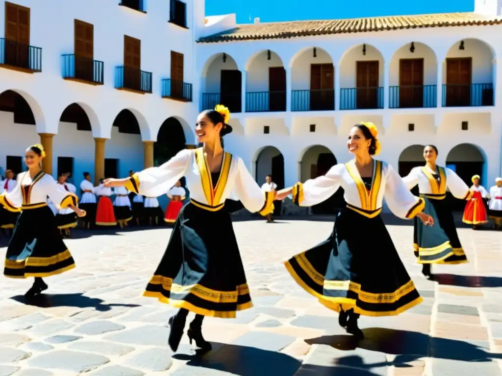 Danza del Palo en Islas Canarias: Grupo de bailarines en trajes tradicionales ejecutando la danza en una plaza soleada