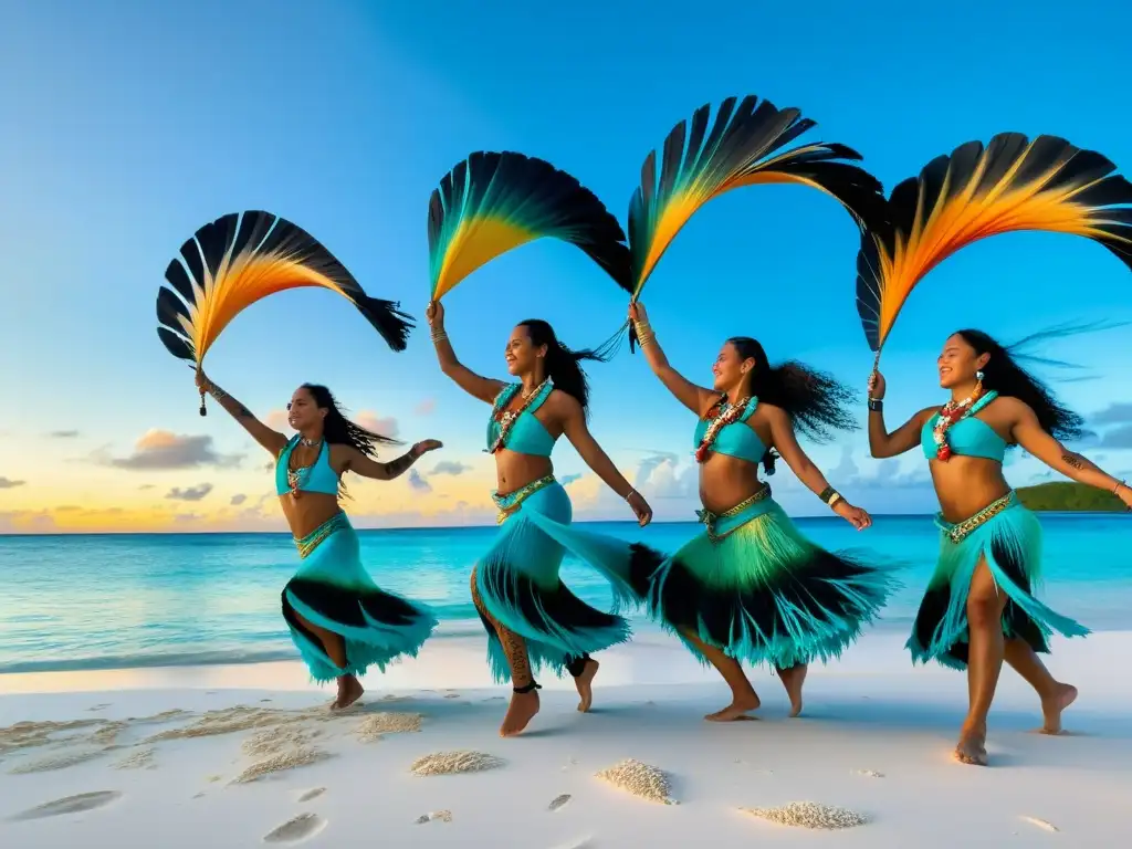 Danza del palo largo en Micronesia: Bailarines en trajes tradicionales realizando la danza al atardecer en la playa