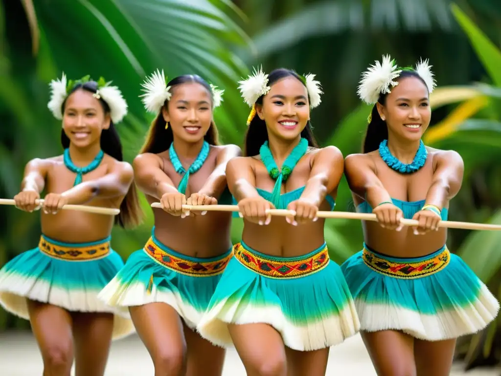 Danza del palo largo en Micronesia: Bailarines micronesianos con trajes tradicionales danzan con gracia y pasión entre exuberante vegetación tropical