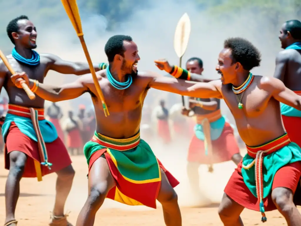 Danza del palo de lucha de Etiopía: Guerreros en vibrante atuendo realizan la danza Donga durante el festival Timkat, desplegando energía y destreza