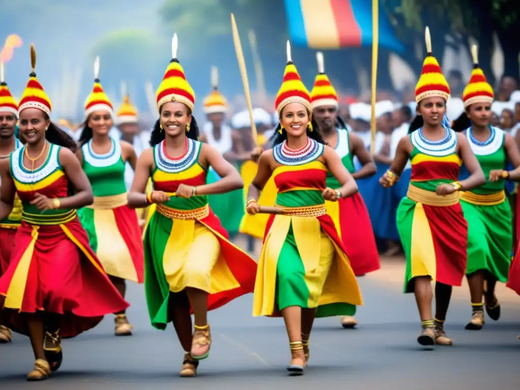 Danza del palo de lucha de Etiopía: Colorida actuación de danza tradicional durante el festival Timkat, con vibrante vestimenta y movimientos sincronizados