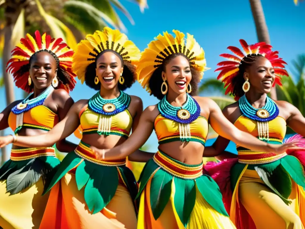 Danza del Palo de Mayo afrocaribeña: Coloridos bailarines tradicionales celebran con energía y pasión en un escenario tropical