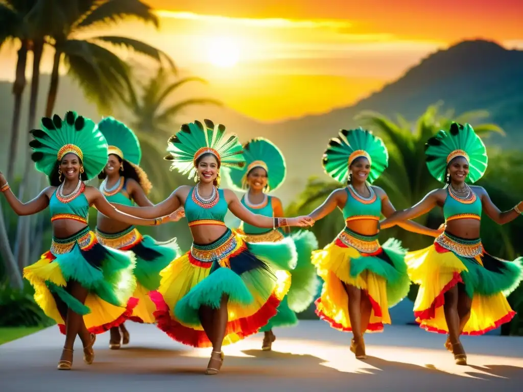 Danza del Palo de Mayo afrocaribeña: Grupo de bailarines vibrantes en trajes coloridos, moviéndose con gracia en un paisaje tropical exuberante