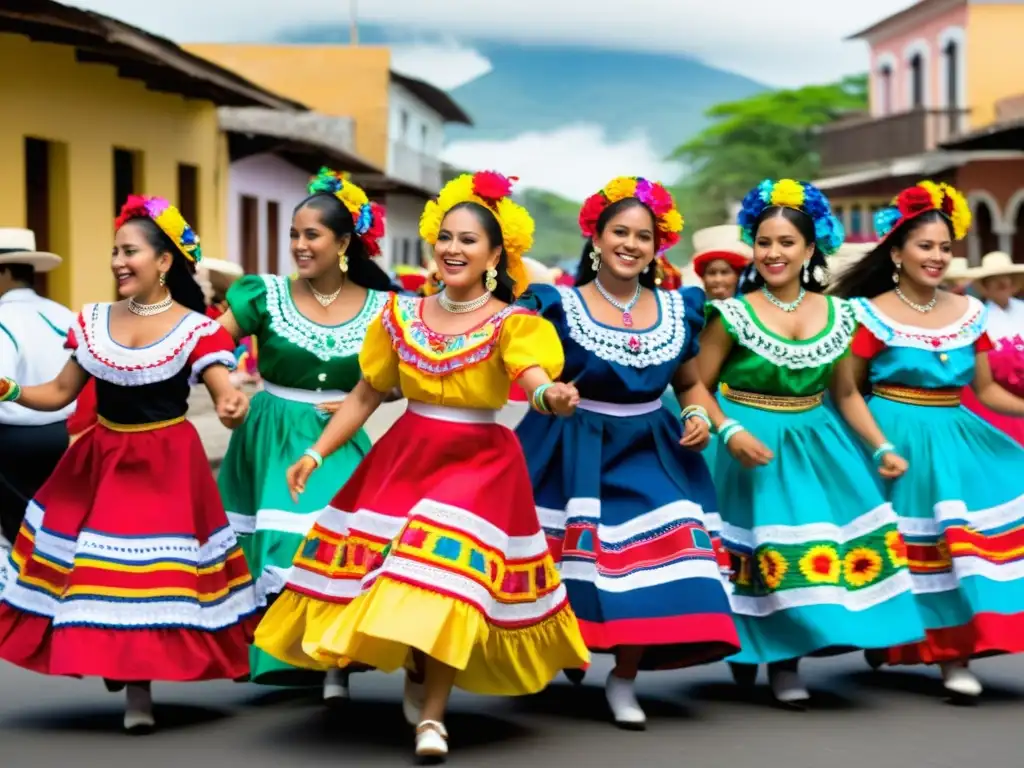 Danza del Palo de Mayo nicaragüense: Coloridos bailarines en trajes tradicionales danzan al ritmo de la música, mientras espectadores disfrutan