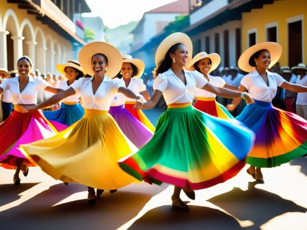 Danza de los Palos en República Dominicana: Grupo de bailarines vibrantes con trajes coloridos y palos, rodeados de espectadores asombrados y alegres