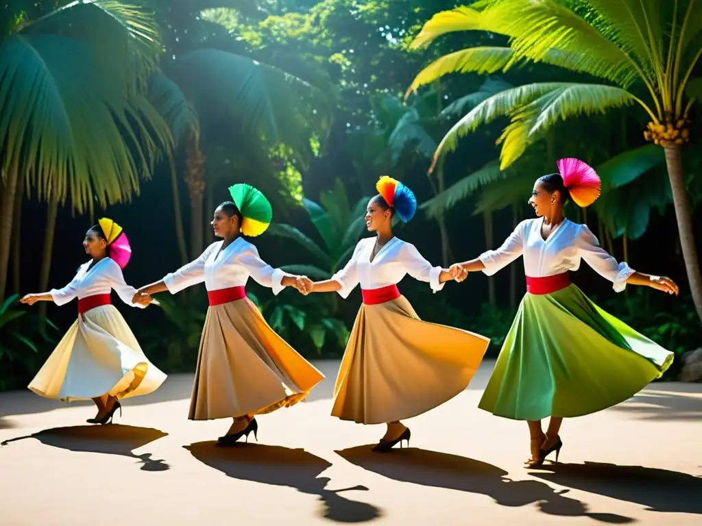 Danza de los Palos en República Dominicana: Grupo de bailarines en trajes vibrantes ejecutando danza sincronizada con palos, rodeados de exuberante vegetación tropical y energía cultural