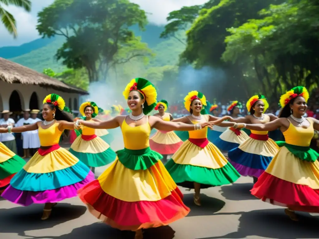 Danza de los Palos en República Dominicana: Grupo de bailarines vibrantes ejecutan la tradición con pasión, rodeados de una multitud animada