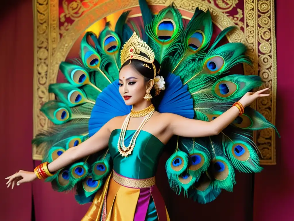 Representación de la Danza del Pavo Real Birmania con bailarines gráciles y coloridos atuendos en movimiento