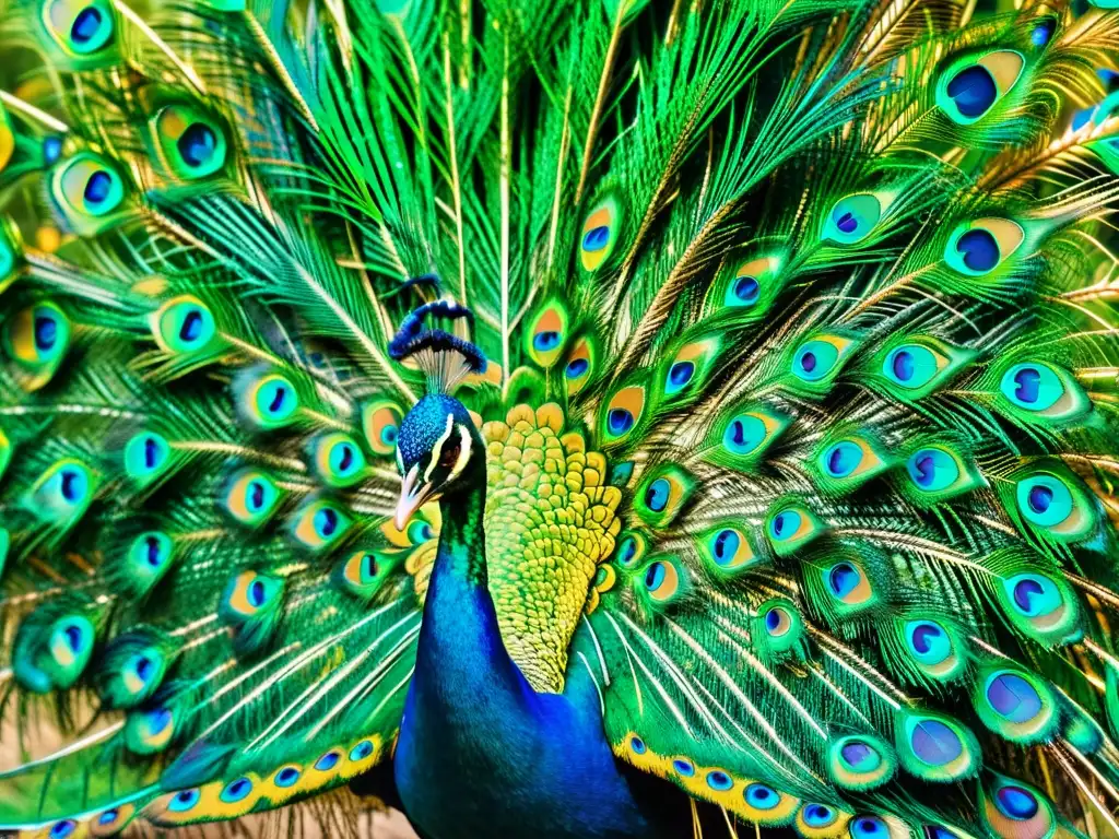 Danza del Pavo Real Birmania: Imagen detallada de un pavo real iridiscente desplegando sus majestuosas plumas en vibrantes colores azules, verdes y dorados