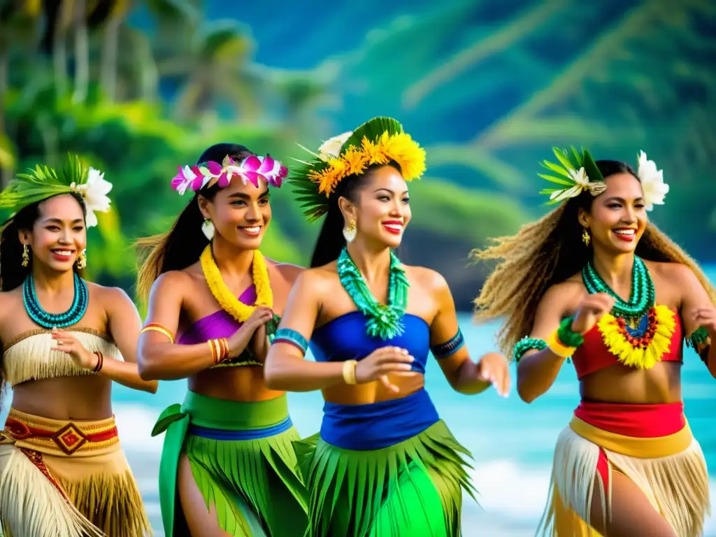 Danza polinesia con vibrantes colores y movimientos gráciles, rodeada de exuberante naturaleza y el mar, evocando certificaciones en Hula Polinesia