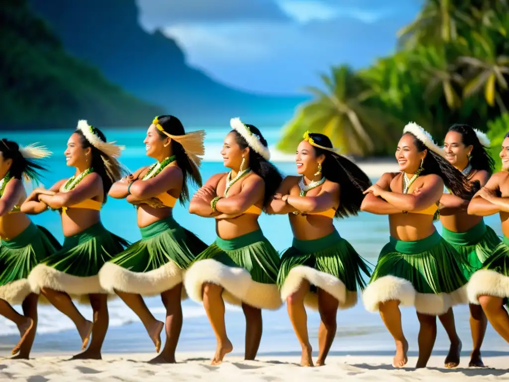 Danza Rarotongana en las Islas Cook: Grupo de bailarines en trajes tradicionales danzando en un paisaje impresionante