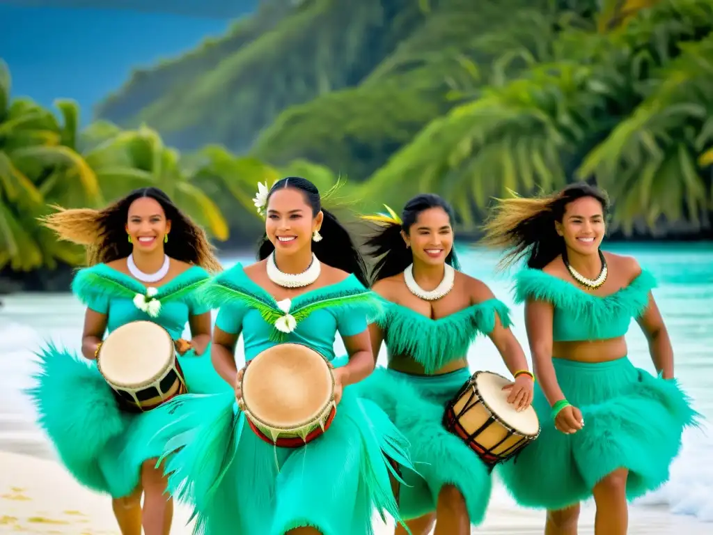 Danza Rarotongana en las Islas Cook: Grupo de bailarines con trajes vibrantes danzando frente al mar turquesa y exuberante vegetación