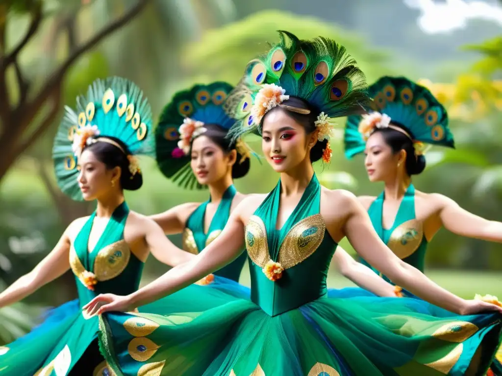 Danza del Pavo Real Dai en China: Bailarines Dai con trajes vibrantes y tocados de plumas de pavo real, danzando en un entorno exuberante y soleado