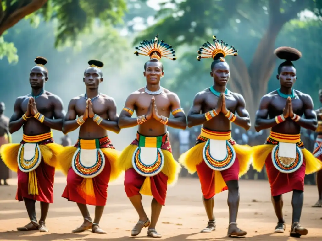 Danza ritual Vodún en Benín: vibrantes trajes, movimientos poderosos y energía espiritual en un claro soleado entre árboles antiguos