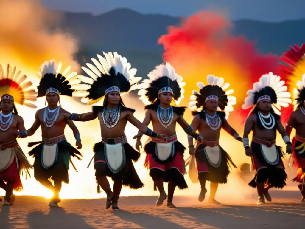 Danza ritual de guerra y paz: Indígenas danzando con trajes de plumas, al atardecer, en un ambiente poderoso y cautivador