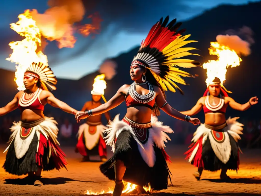 Danza ritual de guerra y paz: Grupo de bailarines indígenas danzando alrededor de una fogata, expresando tradición y espiritualidad