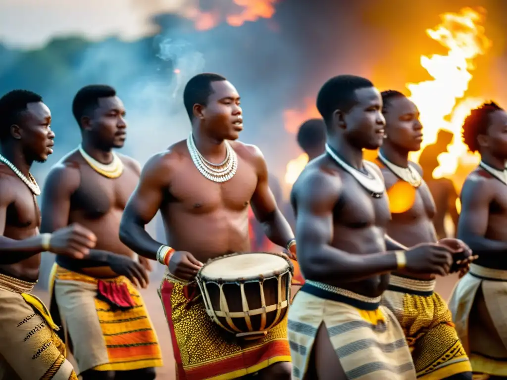 Danza ritual Bwiti en Gabón: iniciados en atuendos tradicionales bailan alrededor del fuego, transmitiendo significado cultural y espiritual