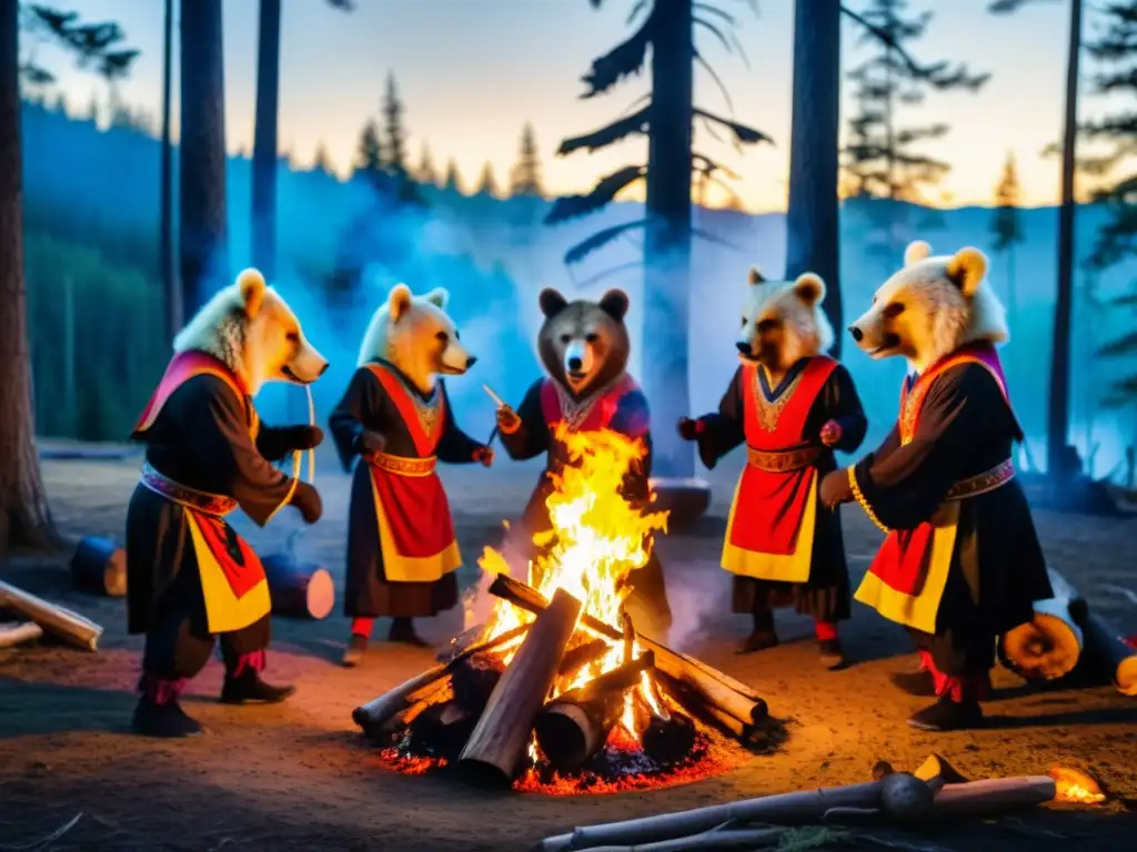 Danza del Oso ritual pagano: Bailarines enmascarados con trajes coloridos danzan alrededor de una fogata en el bosque, creando una atmósfera mística y vibrante