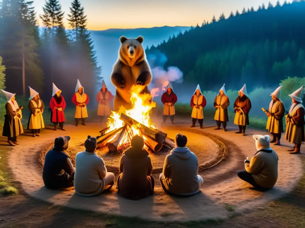 La Danza del Oso ritual pagano cobra vida en un bosque misterioso, entre árboles ancestrales y aldeanos maravillados