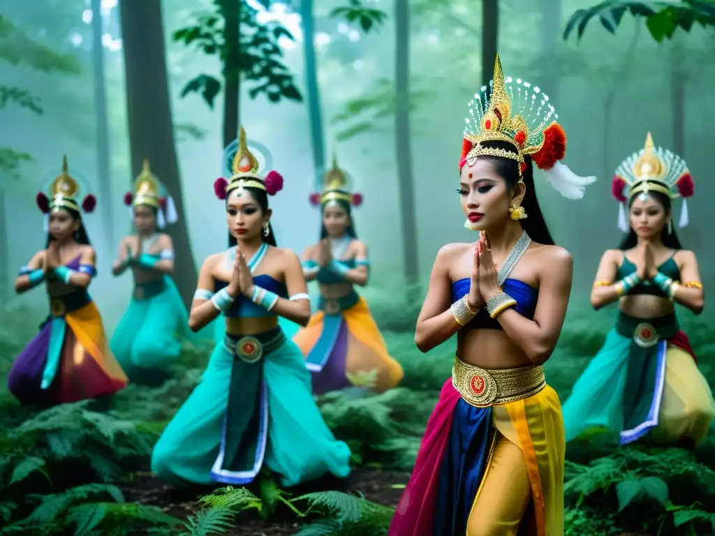 Danza de los Espíritus Adivinos Tailandia: Ritual sagrado en la selva con danza y colores vibrantes en atmósfera mística